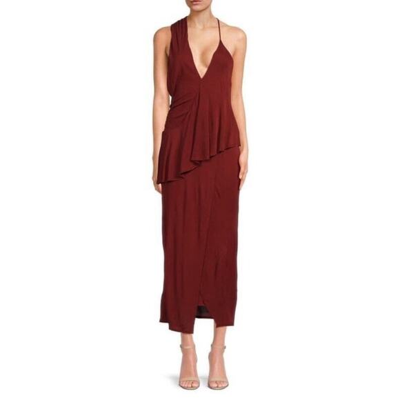 NEW Reiss Xena Strappy Dark Red Open Back Plunge Neck Midi Dress US 8 - Picture 1 of 11
